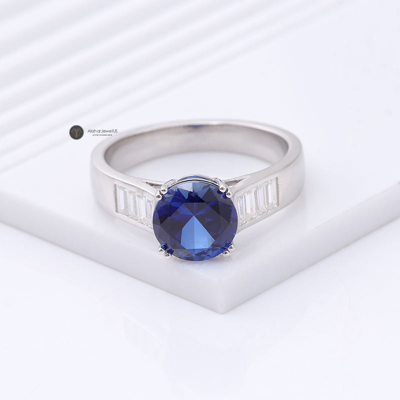 Blue Sapphire Round Cut Moissanite Ring For Men 