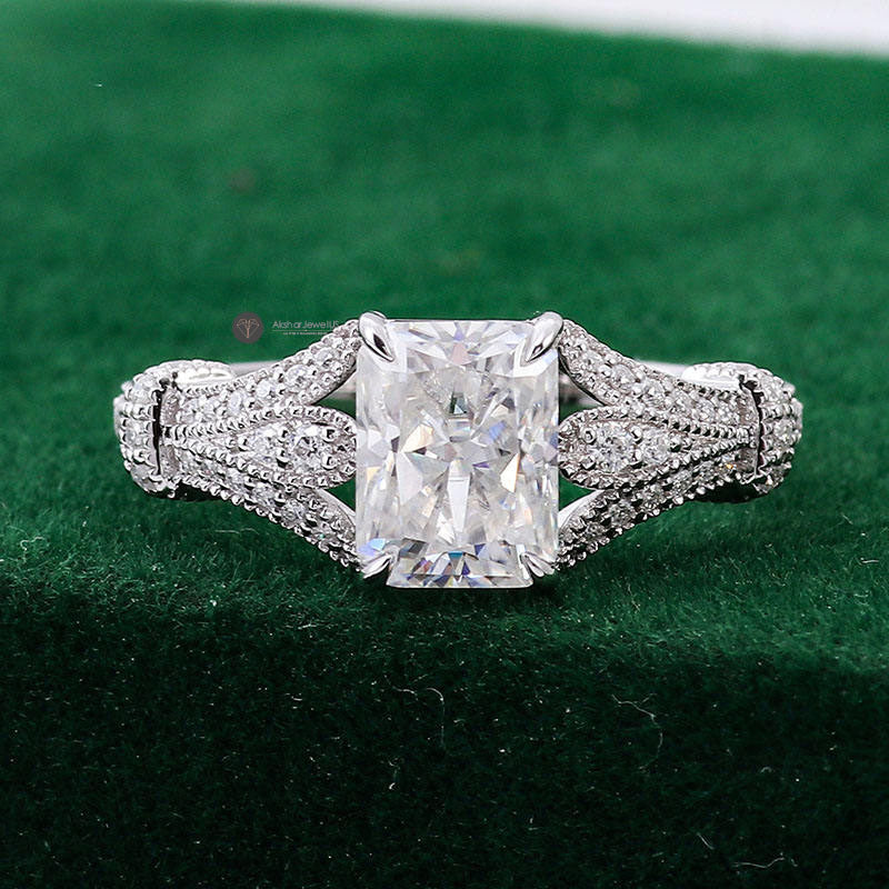 Radiant Cut Moissanite Wedding Ring, Vintage Milgrain Ring