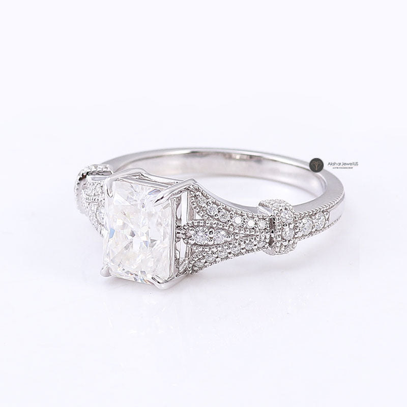 Radiant Cut Moissanite Wedding Ring, Vintage Milgrain Ring