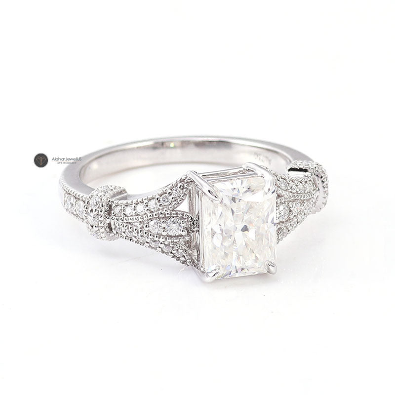 Radiant Cut Moissanite Wedding Ring, Vintage Milgrain Ring