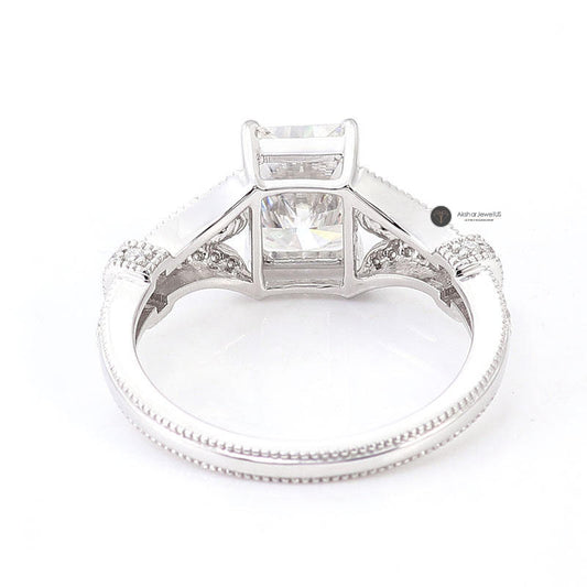 Radiant Cut Moissanite Wedding Ring, Vintage Milgrain Ring, view 1