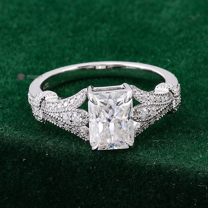 Radiant Cut Moissanite Wedding Ring, Vintage Milgrain Ring