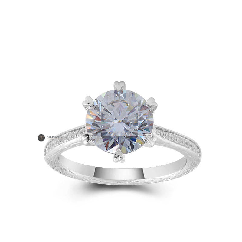 1.00CT - 5.00CT Gray Round Moissanite Ring, Vintage Style Heart Shape Prong Ring