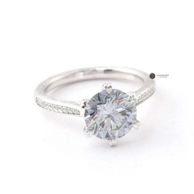 1.00CT - 5.00CT Gray Round Moissanite Ring, Vintage Style Heart Shape Prong Ring