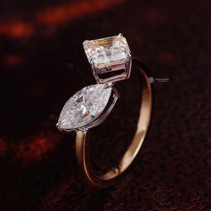 Marquise and Princess Cut Moissanite Two Tone Toi Et Moi Ring, Open Cuff Ring