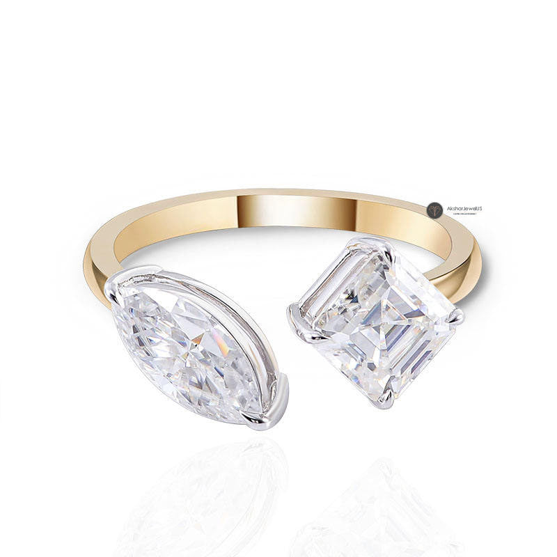 Marquise and Princess Cut Moissanite Two Tone Toi Et Moi Ring, Open Cuff Ring