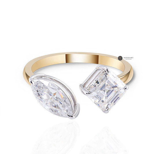 Marquise and Princess Cut Moissanite Two Tone Toi Et Moi Ring, Open Cuff Ring, view 1