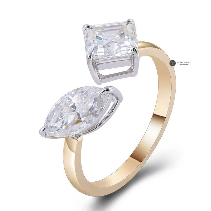 Marquise and Princess Cut Moissanite Two Tone Toi Et Moi Ring, Open Cuff Ring