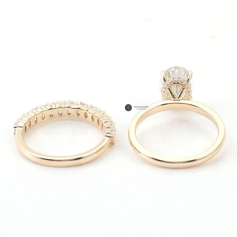 Hidden Halo Oval Cut Moissanite Wedding Ring Set