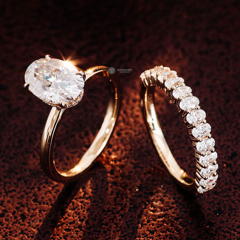 Hidden Halo Oval Cut Moissanite Wedding Ring Set