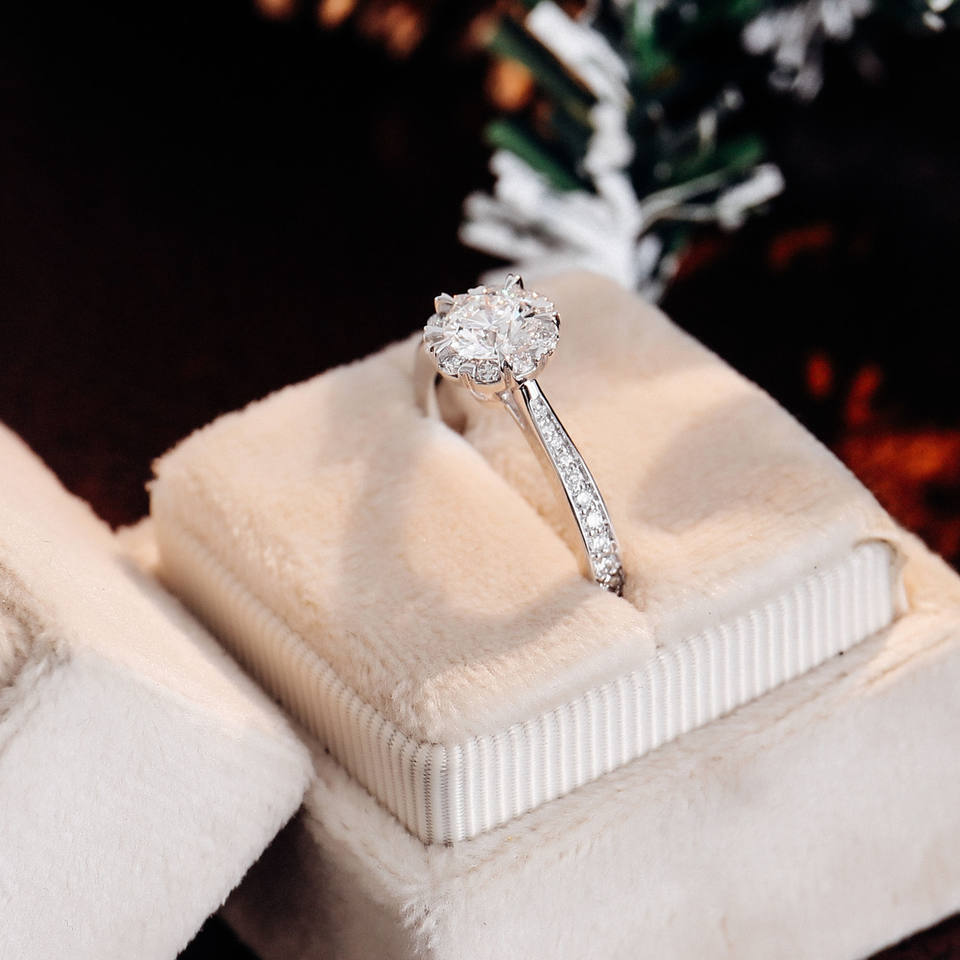 ound Cut Halo Moissanite Diamond Engagement Ring, Half Pave Set Eternity Ring, Heart Shape Prong Halo Ring, Unique Designer Ring Gift