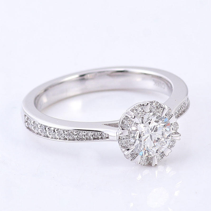 ound Cut Halo Moissanite Diamond Engagement Ring, Half Pave Set Eternity Ring, Heart Shape Prong Halo Ring, Unique Designer Ring Gift