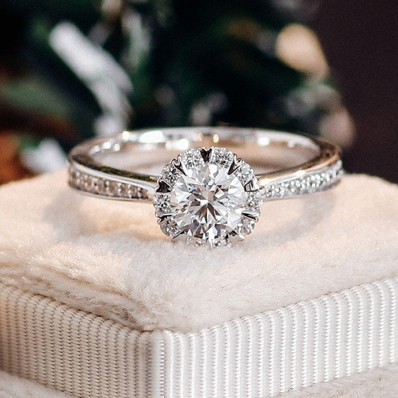 ound Cut Halo Moissanite Diamond Engagement Ring, Half Pave Set Eternity Ring, Heart Shape Prong Halo Ring, Unique Designer Ring Gift