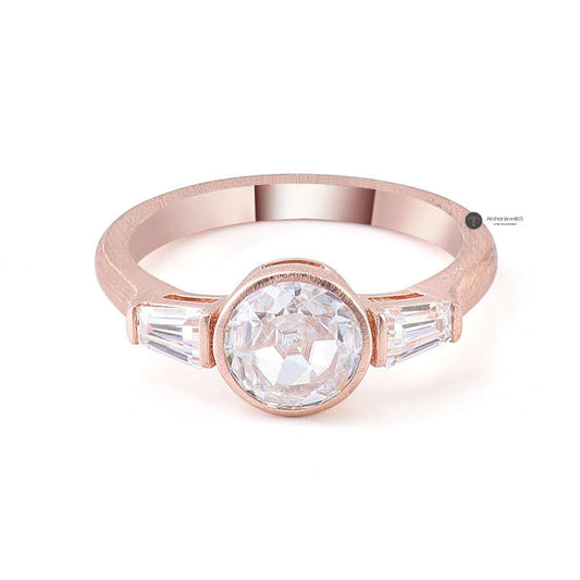 1.50CT Round Rose Cut Moissanite Diamond Ring, Three Stone Tapered Baguette Ring