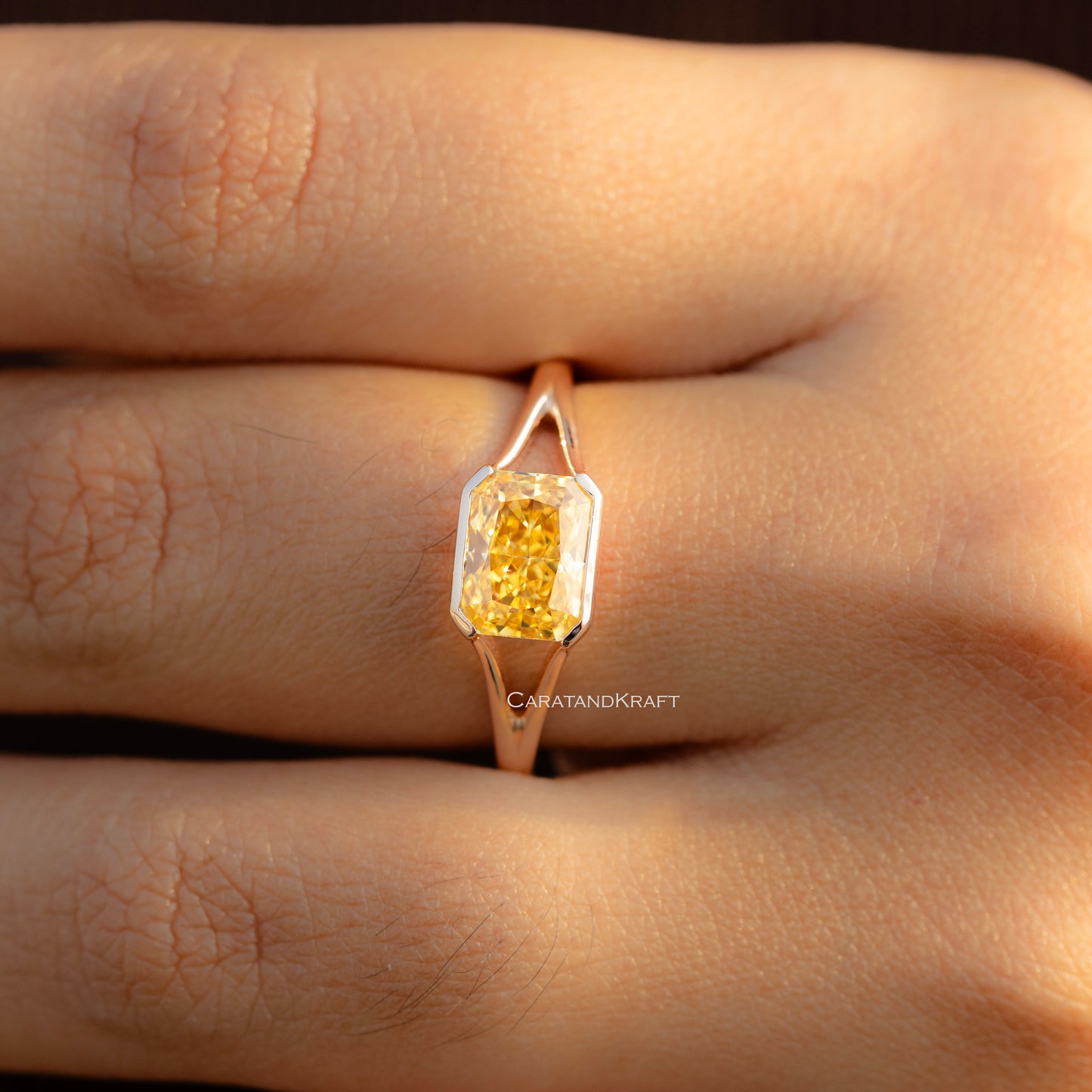 2.00CT Radiant Canary Yellow Solitaire Half Bezel Set Ring, Moissanite Engagement Ring