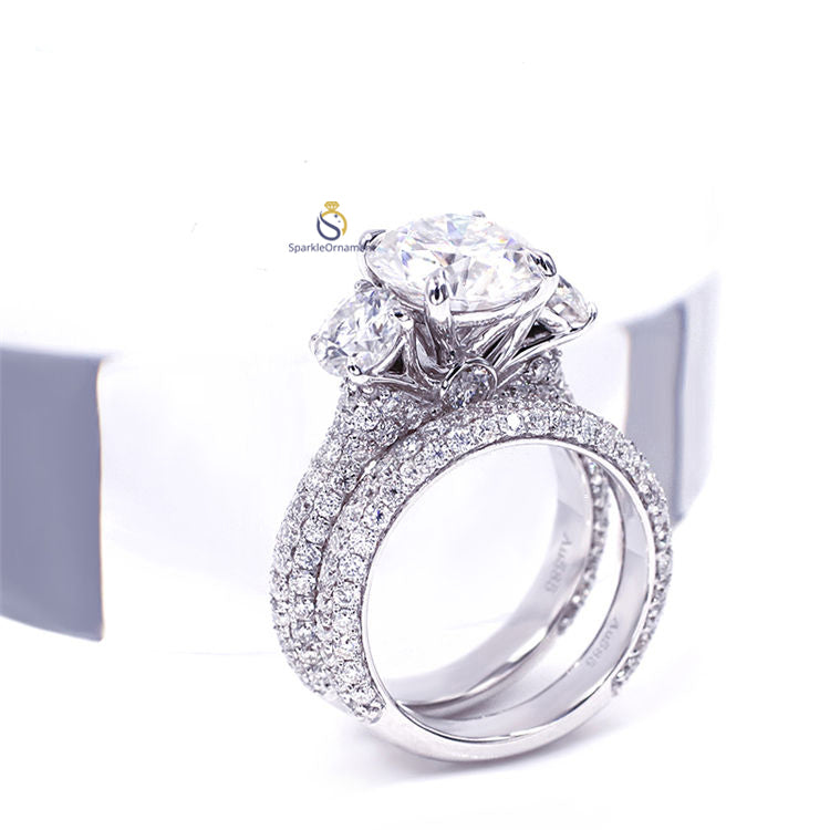 Round Moissanite Three Stone Pave Set Ring Set