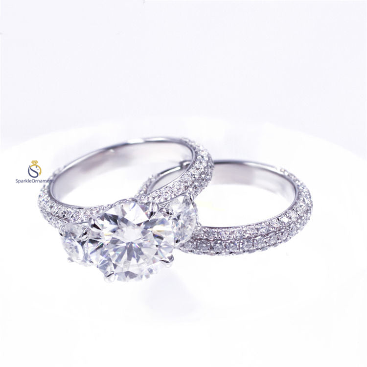 Round Moissanite Three Stone Pave Set Ring Set