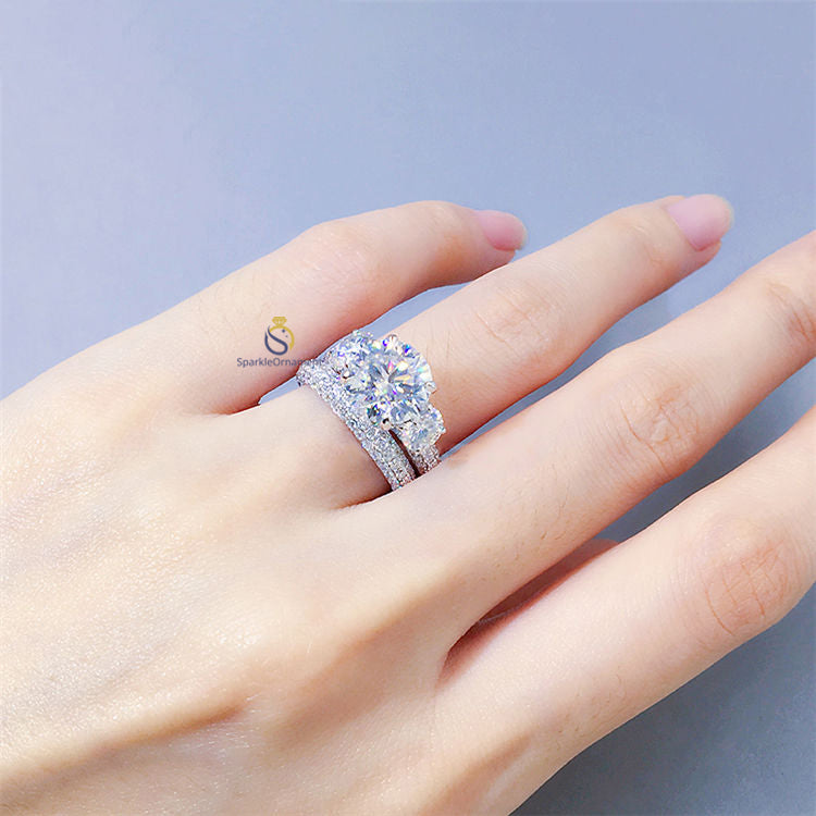 Round Moissanite Three Stone Pave Set Ring Set