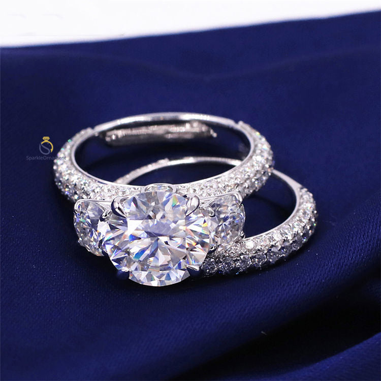 Round Moissanite Three Stone Pave Set Ring Set