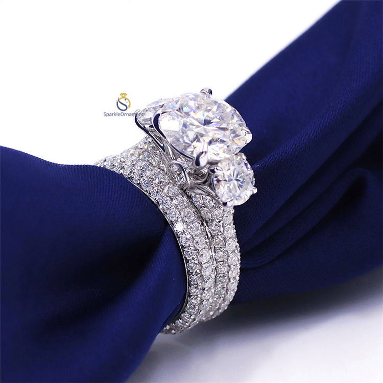 Round Moissanite Three Stone Pave Set Ring Set