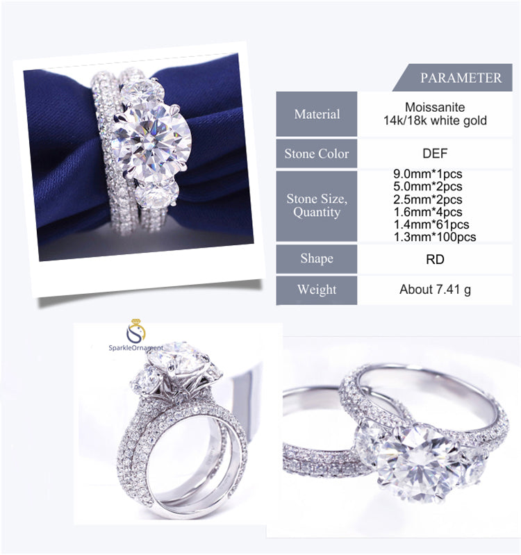 Round Moissanite Three Stone Pave Set Ring Set