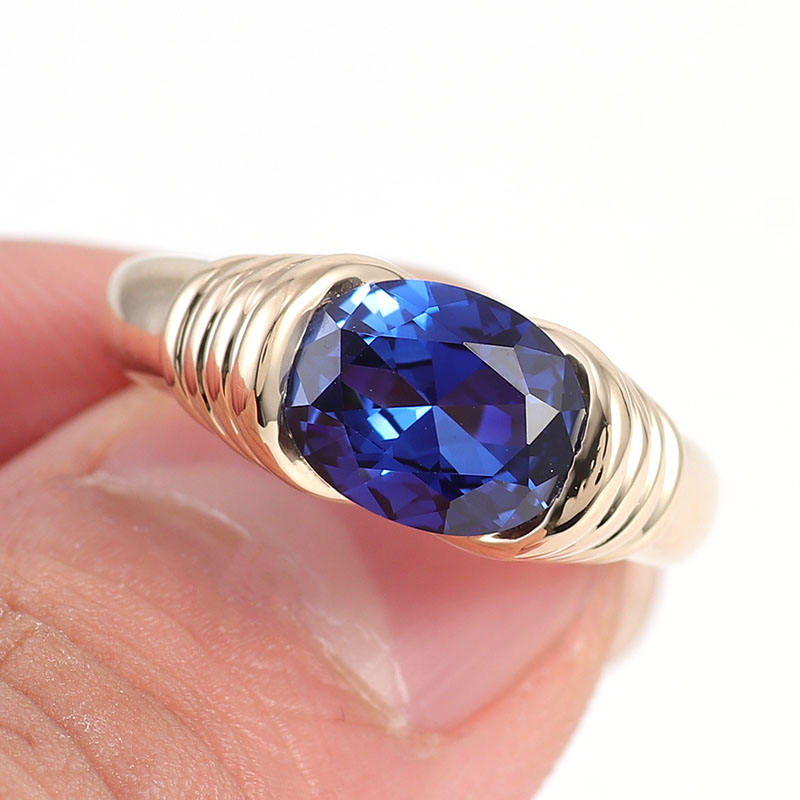 Vintage Style Blue Cushion Cut Sapphire Elongated East West Solitaire Ring