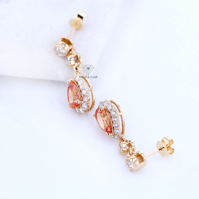 Orange Sapphire Pear Cut Halo Earring