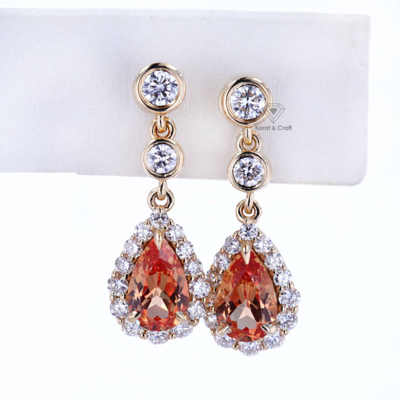 Orange Sapphire Pear Cut Halo Earring