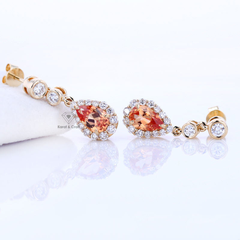 Orange Sapphire Pear Cut Halo Earring