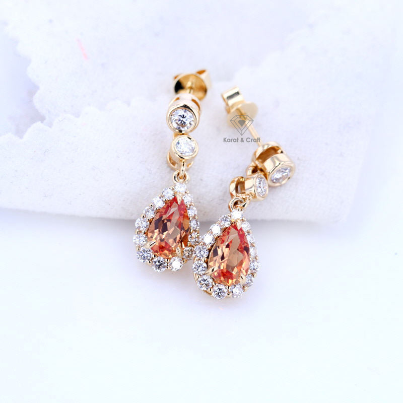 Orange Sapphire Pear Cut Halo Earring