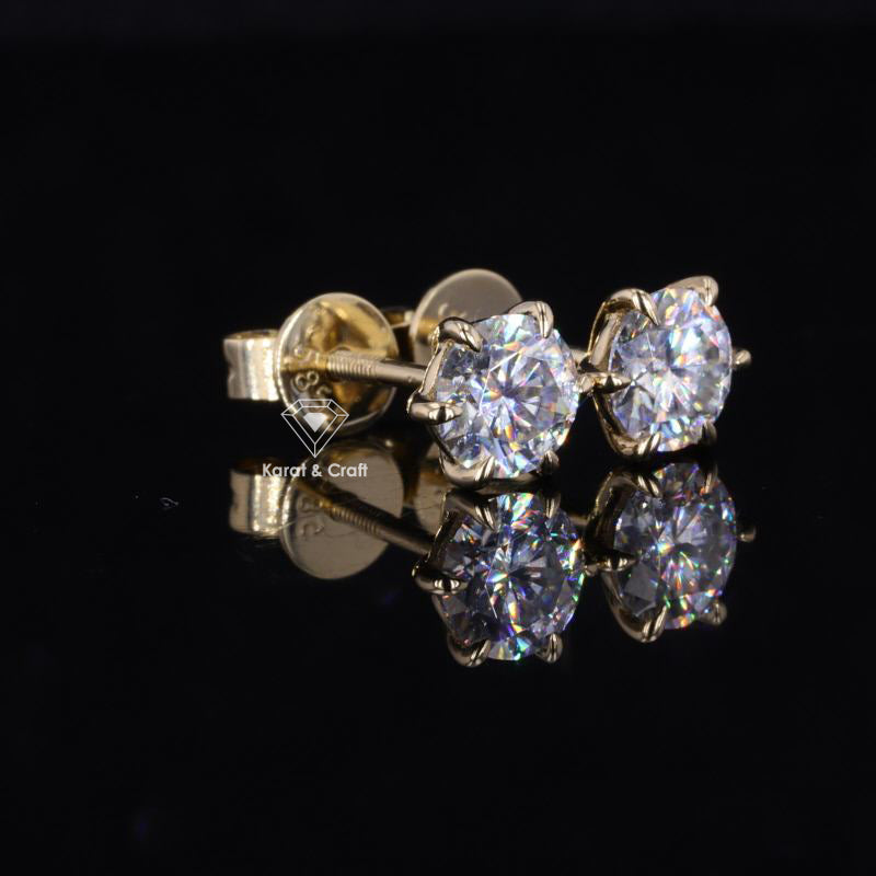 Moissanite Stud Earrings | Screw Back/Push Back Earring | Six Claw Prong Set Earring