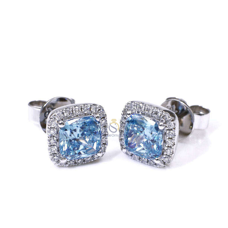 Blue Cushion Cut Lab Grown Diamond Wedding Earrings