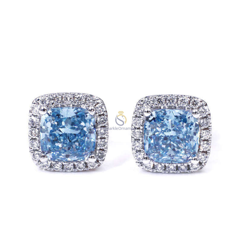 Blue Cushion Cut Lab Grown Diamond Wedding Earrings