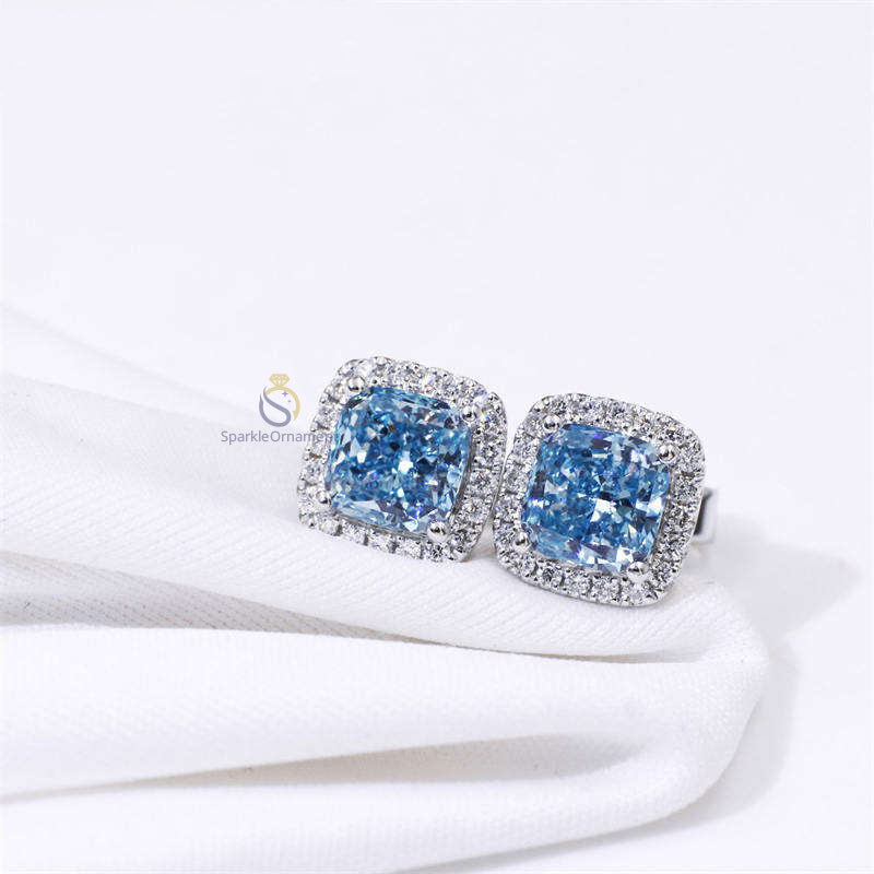 Blue Cushion Cut Lab Grown Diamond Wedding Earrings