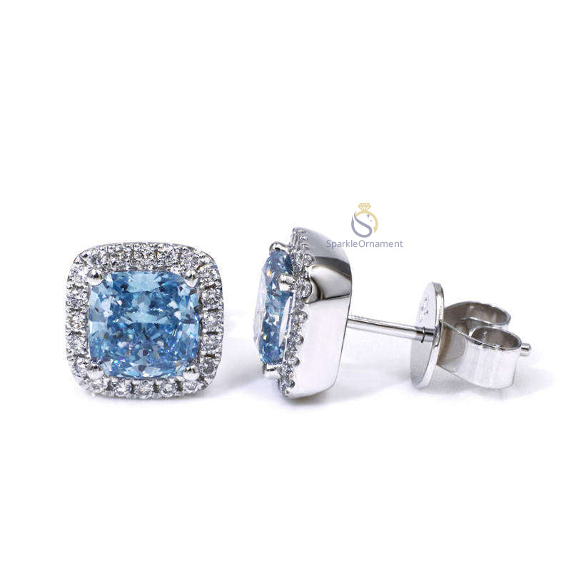 Blue Cushion Cut Lab Grown Diamond Wedding Earrings