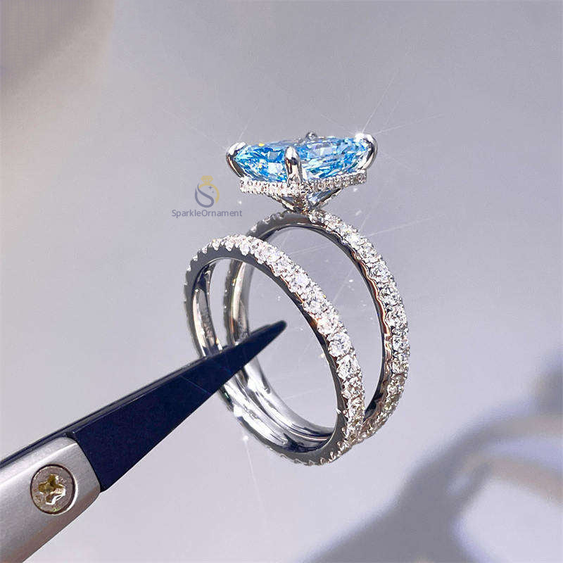 Blue Radiant Cut Crushed Ice Lab Grown Diamond Engagement Ring Set