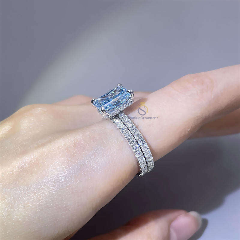 Blue Radiant Cut Crushed Ice Lab Grown Diamond Engagement Ring Set