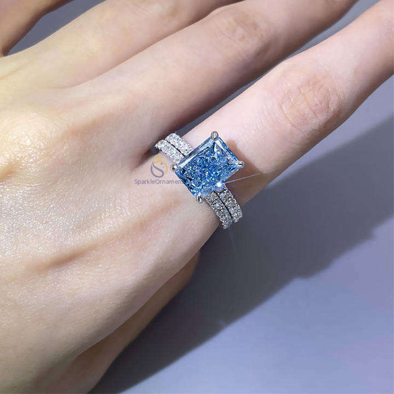 Blue Radiant Cut Crushed Ice Lab Grown Diamond Engagement Ring Set