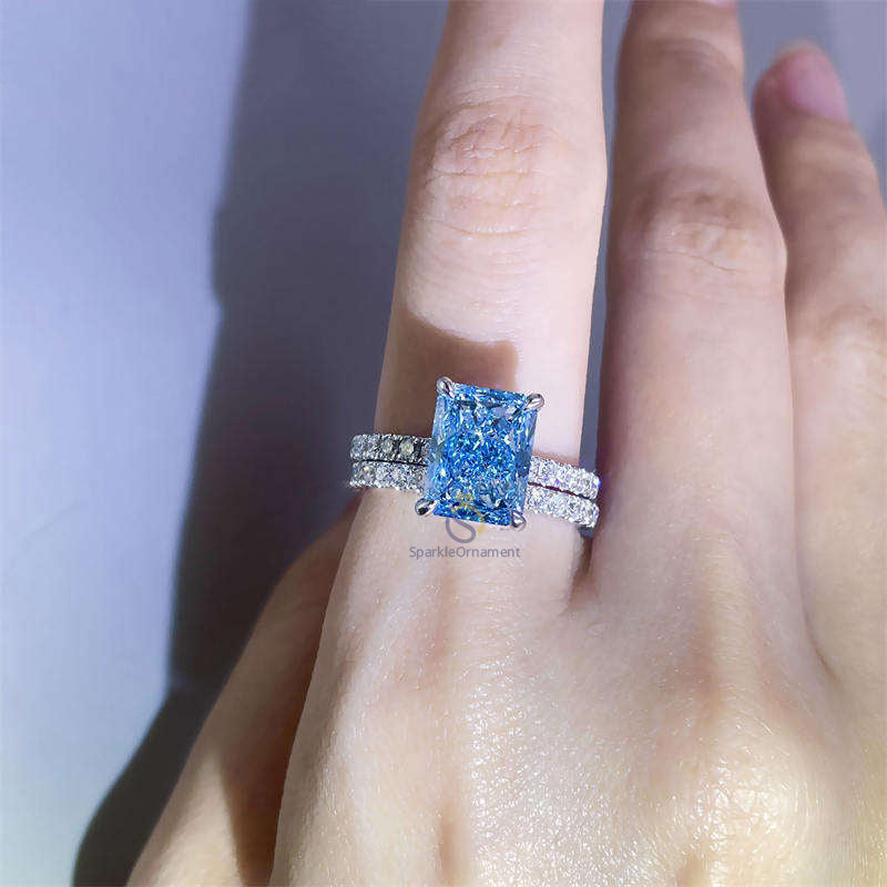 Blue Radiant Cut Crushed Ice Lab Grown Diamond Engagement Ring Set