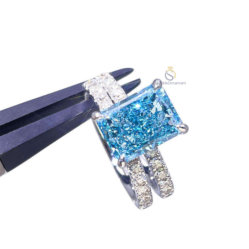 Blue Radiant Cut Crushed Ice Lab Grown Diamond Engagement Ring Set