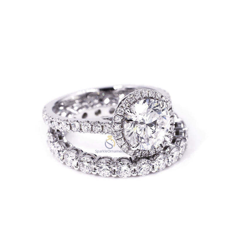 Round Cut Halo Lab Grown Diamond Engagement Ring Set