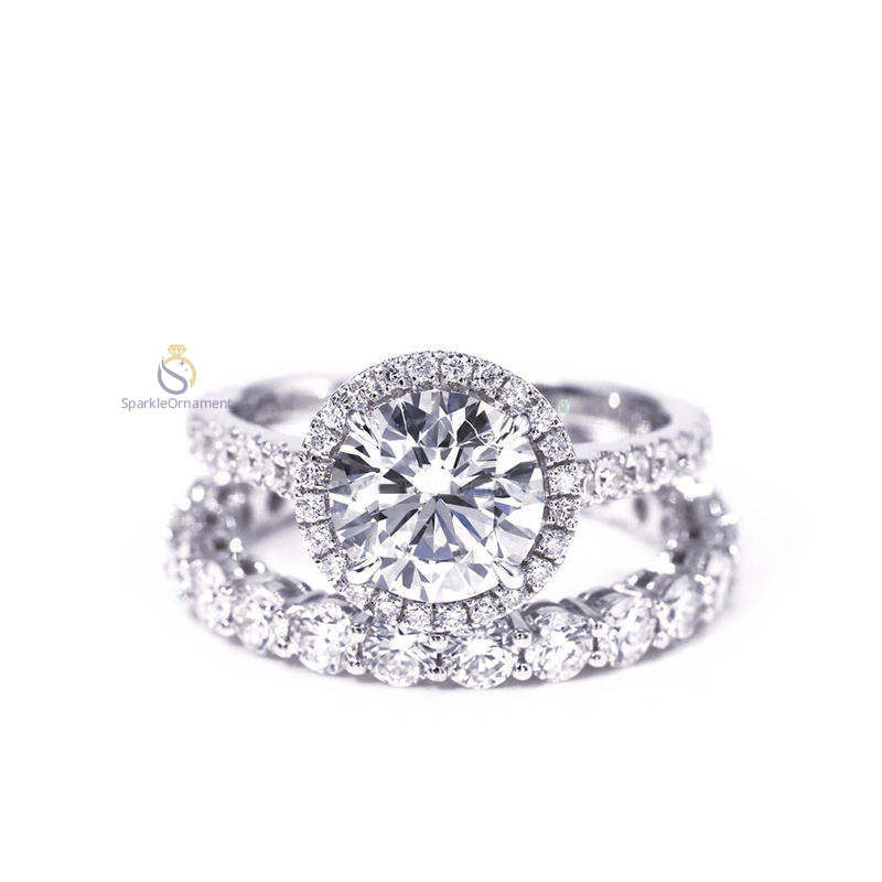 Round Cut Halo Lab Grown Diamond Engagement Ring Set