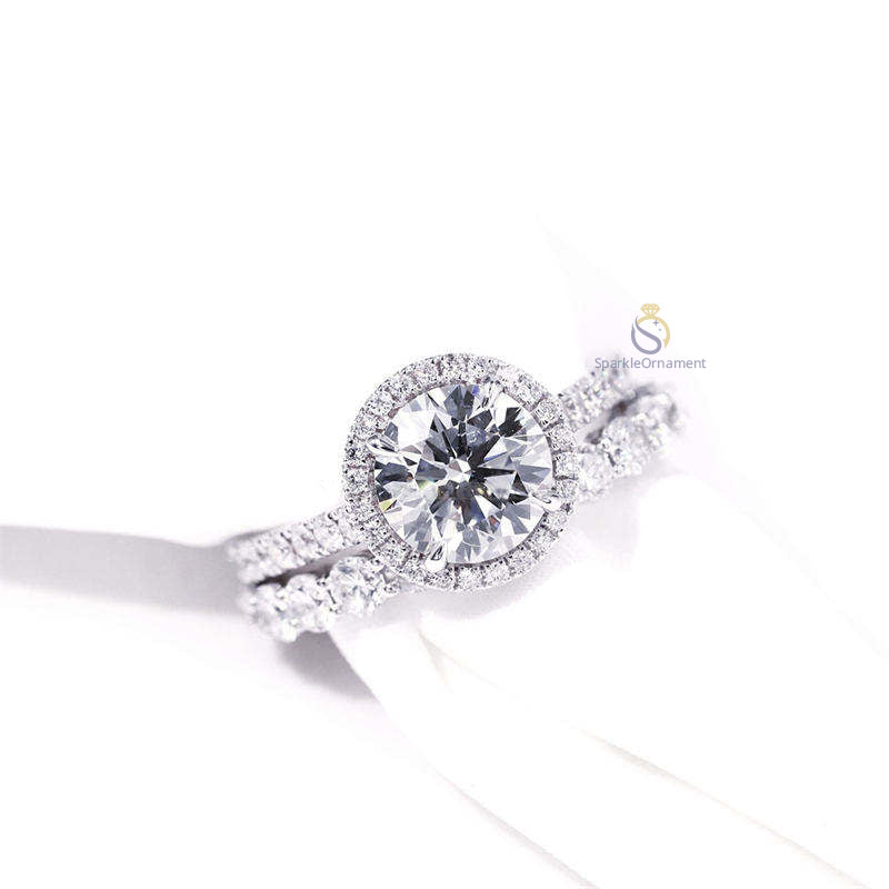 Round Cut Halo Lab Grown Diamond Engagement Ring Set