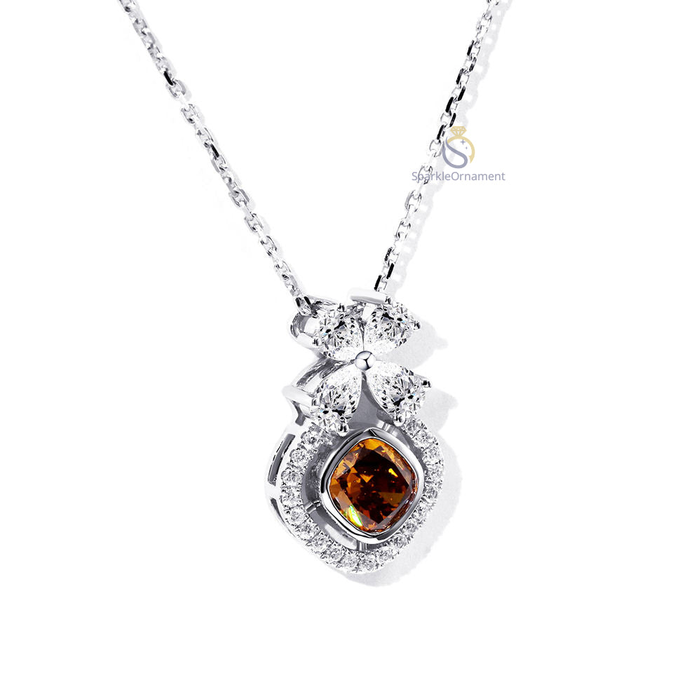 Brown Cushion Cut Bezel Set Flower Style Lab Grown Diamond Pendant