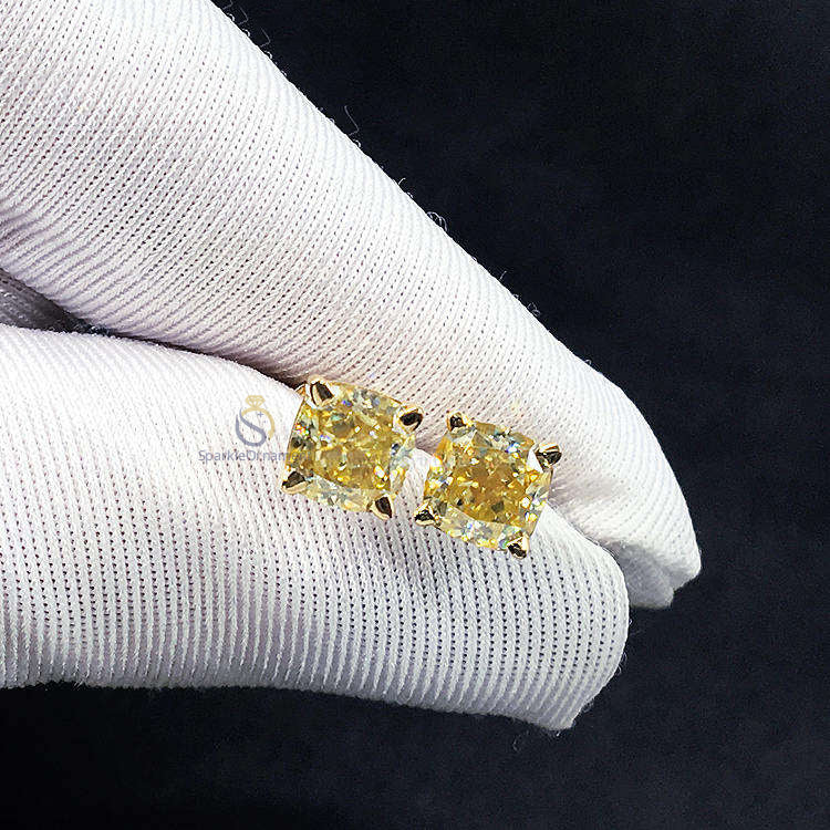 Yellow Cushion Cut Lab Grown Diamond Earring