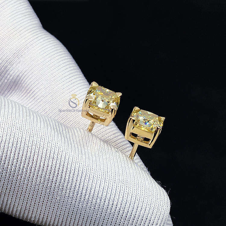 Yellow Cushion Cut Lab Grown Diamond Earring