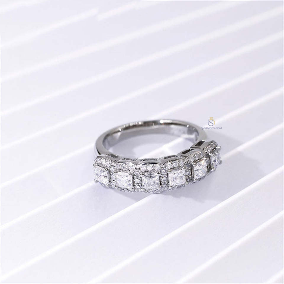 Princess 6 Stone Halo Lab Grown Half Eternity Wedding Band