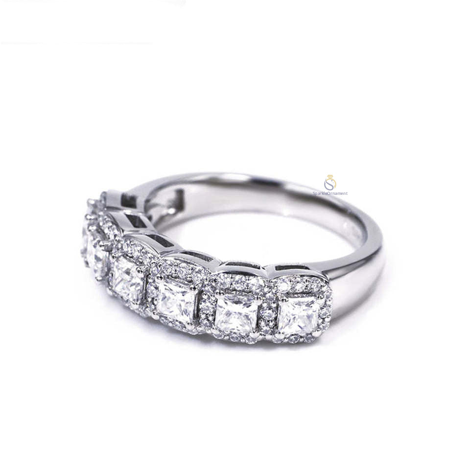 Princess 6 Stone Halo Lab Grown Half Eternity Wedding Band