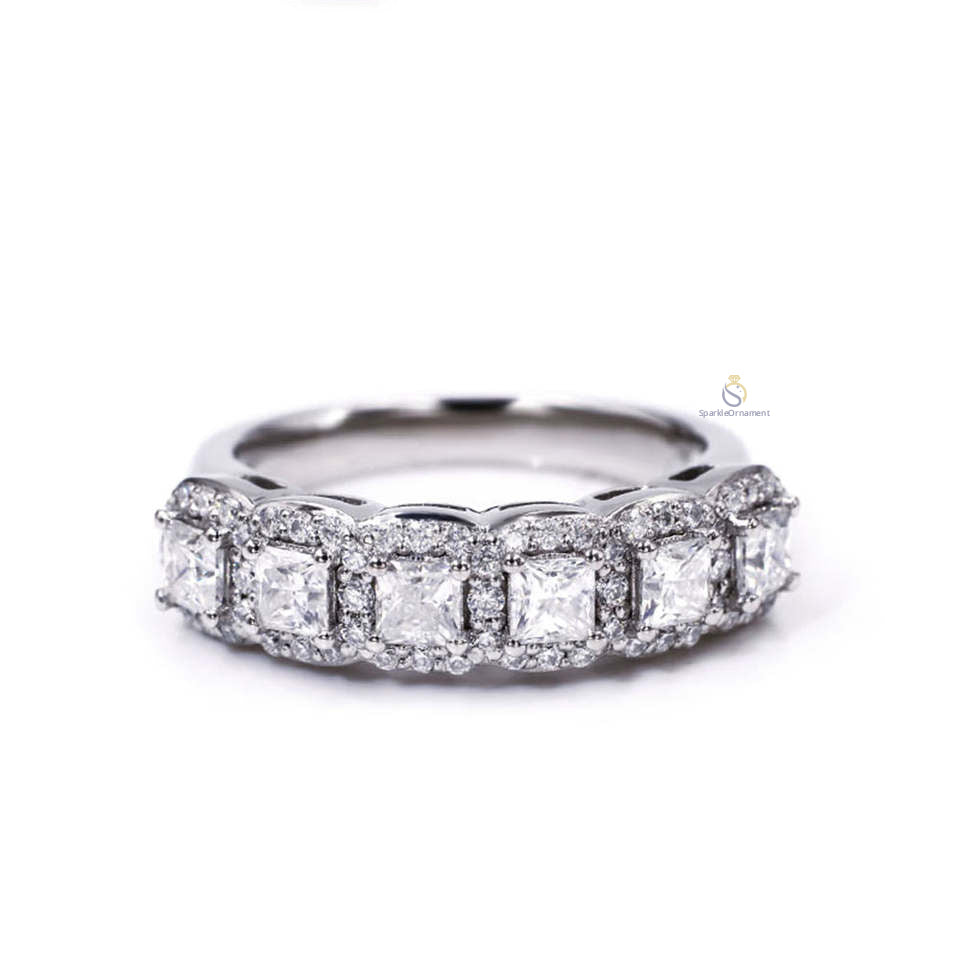 Princess 6 Stone Halo Lab Grown Half Eternity Wedding Band