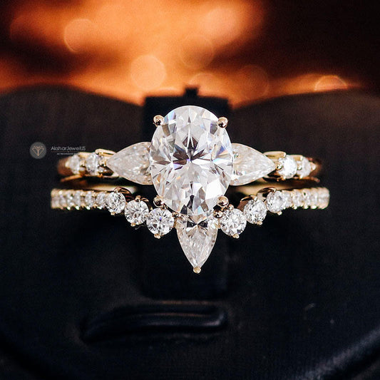 Oval Cut Moissanite Vintage art Deco Pear Diamond Ring Set